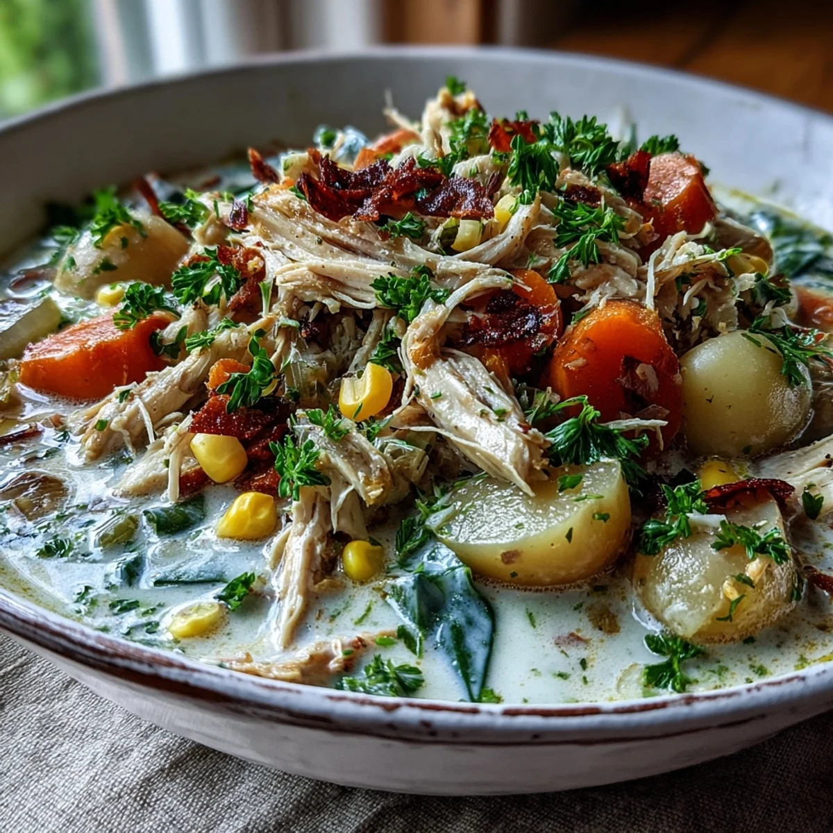 A cozy bowl of ranch chicken veggie soup paired with crusty bread for a comforting meal.