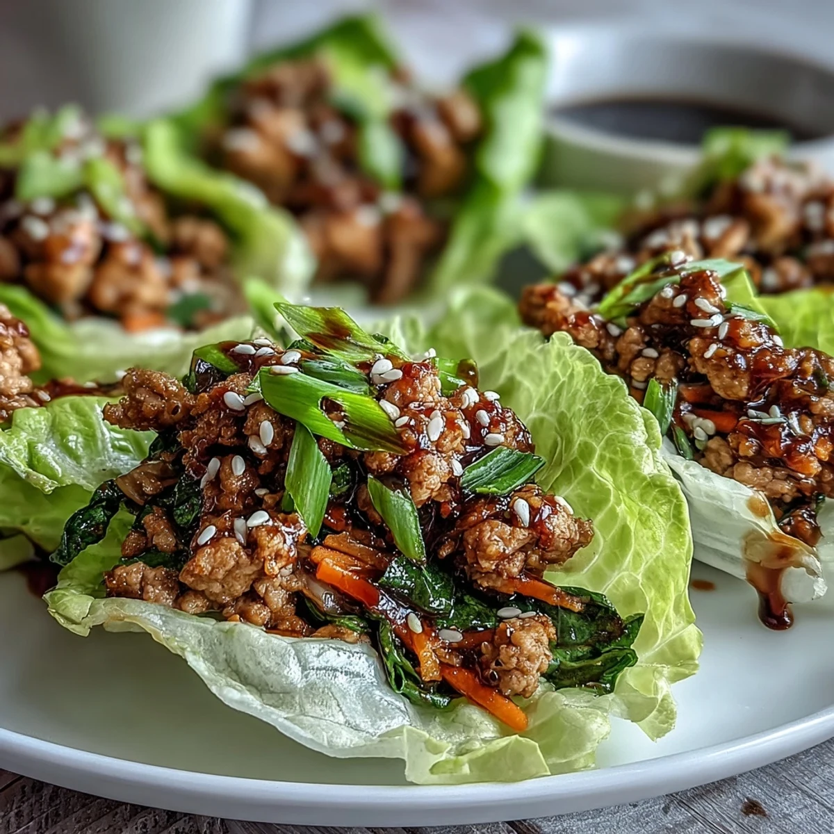 Freshly cooked ground turkey stir-fry with crisp vegetables in ginger-soy sauce, served inside cool lettuce cups and topped with sesame seeds, known as Turkey Potsticker Stir-Fry Lettuce Wraps.