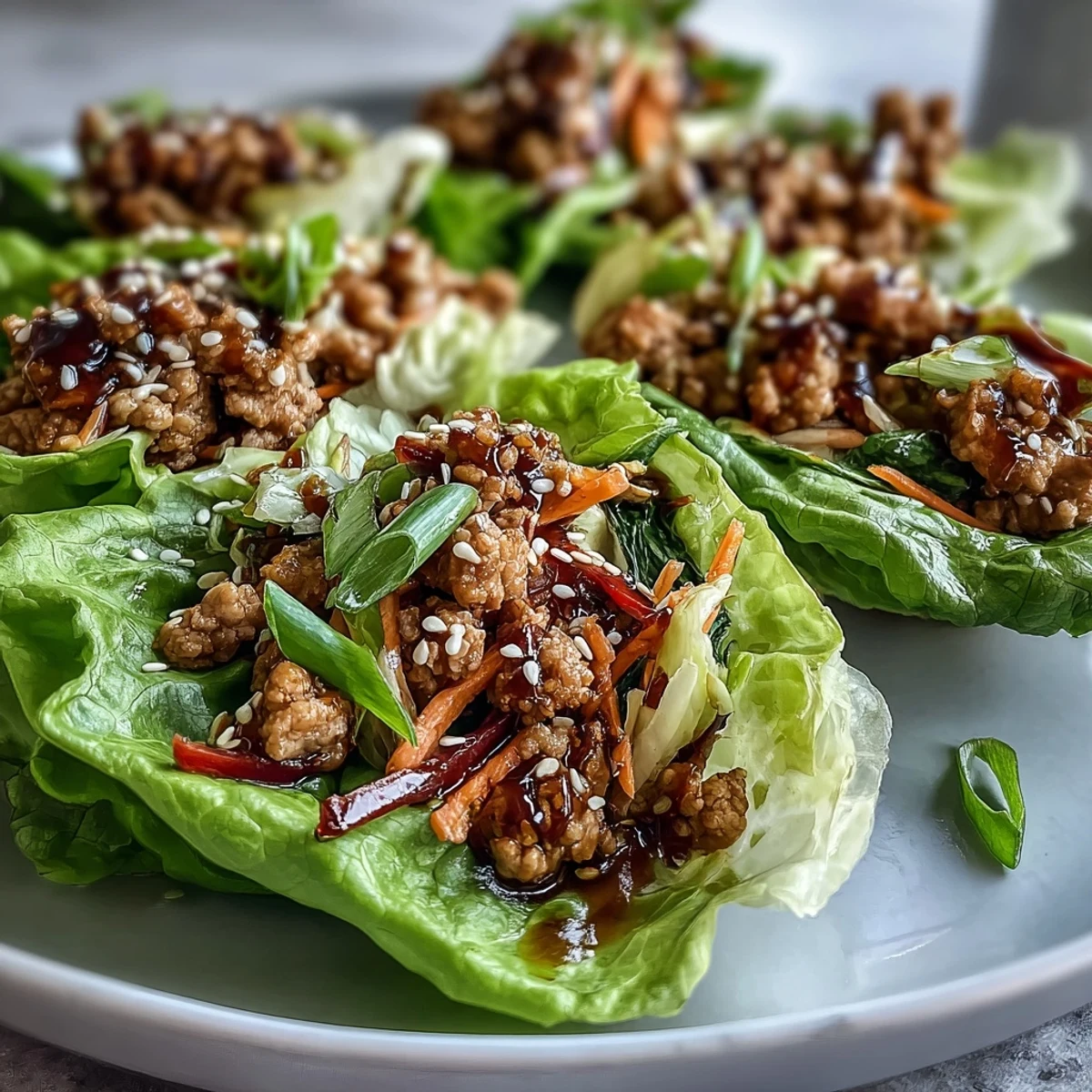 Golden-brown Turkey Potsticker Stir-Fry Lettuce Wraps filled with savory turkey, shredded carrots, cabbage, and red bell peppers, garnished with scallions and sesame seeds on a platter.