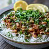 A spoon serves the vegetarian Hoppin' John over fluffy rice, garnished with fresh green herbs and sliced green onions.