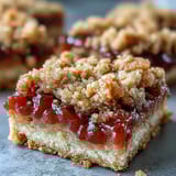 A close-up of Guava Jam Bars showing the crumbly cookie texture and vibrant tropical fruit center. 