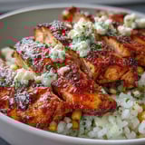 Savory seasoned chicken, vibrant street corn, and avocado garnish a hearty Street Corn Chicken Rice Bowl, finished with cilantro and Cotija cheese.
