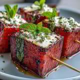 Juicy watermelon cubes, creamy feta, and fresh mint create vibrant summer skewers perfect for parties.  