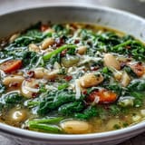 A steaming bowl of Tuscan white bean and spinach soup with vibrant greens and tender vegetables.