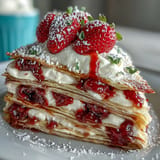 Luscious layers of Mother's Day Crêpe Cake adorned with fresh berries and dusting.