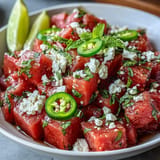 Bright, juicy watermelon salad with mint and chili lime dressing cools summer appetites.