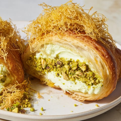 Buttery Pistachio Cream Croissants: Flaky layers with a luscious pistachio cream filling, ready to eat.