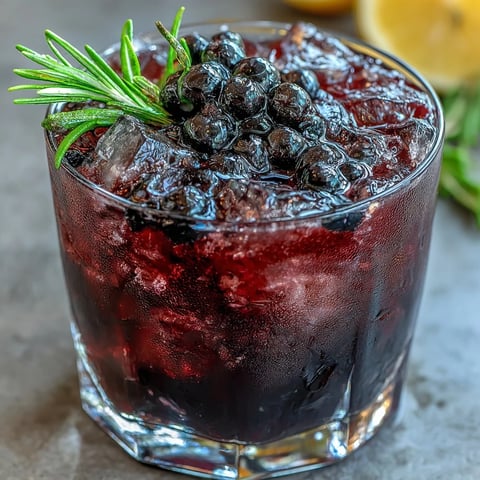A chilled rocks glass holds the Black Currant Rosemary Cocktail, with a fresh sprig of rosemary garnishing the deep burgundy drink over clear ice.