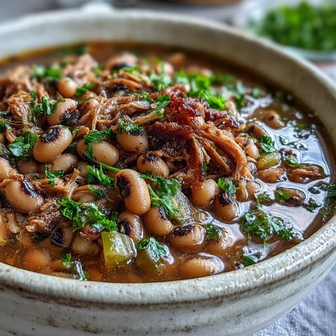 Festive Classic New Years Black-Eyed Peas simmered with smoked pork until tender and served with fluffy white rice and fresh parsley.