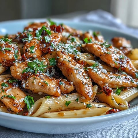Honey Pepper Chicken Pasta in a white bowl with golden seared chicken pieces and penne pasta tossed in a glossy, sweet and spicy sauce.