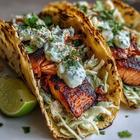 Air Fryer Salmon Tacos with Slaw featuring flaky, chili-rubbed fish tucked into warm corn tortillas piled high with creamy, crunchy slaw.