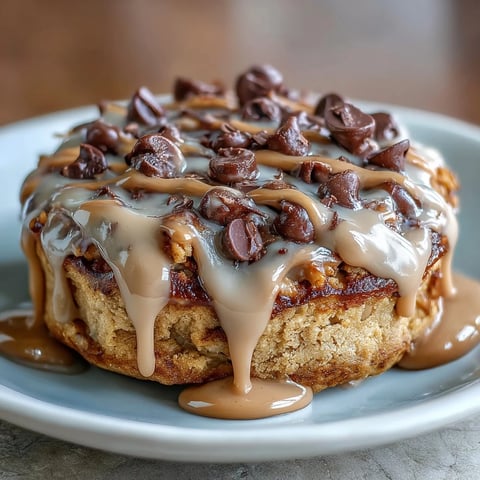 Freshly baked Peanut Butter Cup Protein Pancake Bowl with gooey melted chocolate chips and a warm peanut butter drizzle.