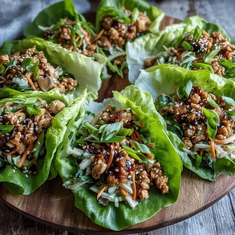 Freshly cooked Turkey Potsticker Stir-Fry Lettuce Wraps in crisp butter lettuce cups, garnished with sesame seeds and green onions.