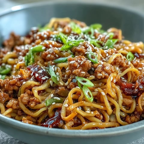 A warm bowl of Korean Turkey Fried Noodles garnished with fresh green onions and sesame seeds.