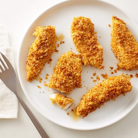 Juicy, oven-baked chicken tenders with panko and cornflake crust shown fresh from the oven.