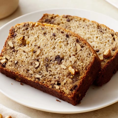 A close-up of a moist, flavorful Simple Banana Bread, perfect served with a cup of coffee.