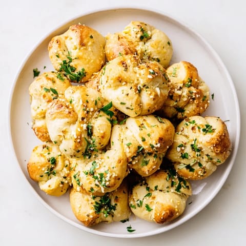 Golden Homemade Garlic Knots glistening with garlic butter, perfect for dipping in marinara.