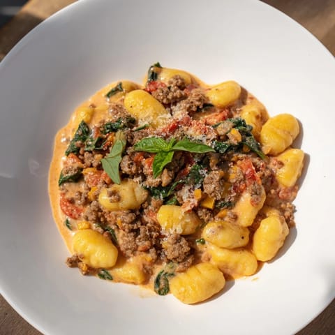 A beautiful bowl of creamy tomato and sausage gnocchi, garnished with fresh basil, ready to enjoy.