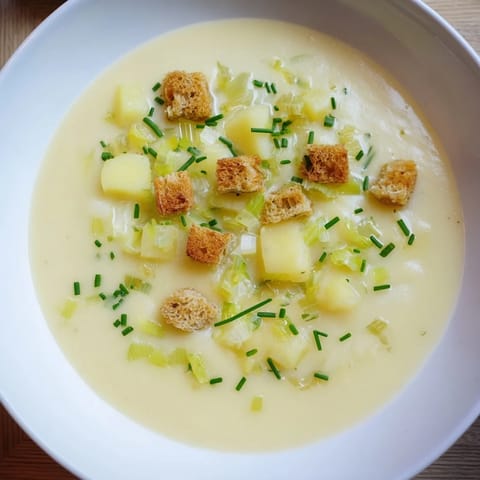 Steaming hot, this Quick & Simple Potato and Leek Soup is garnished with fresh chives.