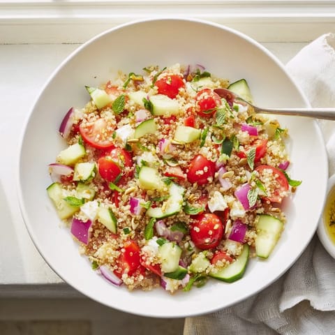 Make-Ahead Quinoa Salad with Lemon Vinaigrette, a colorful and refreshing vegetarian lunch option.