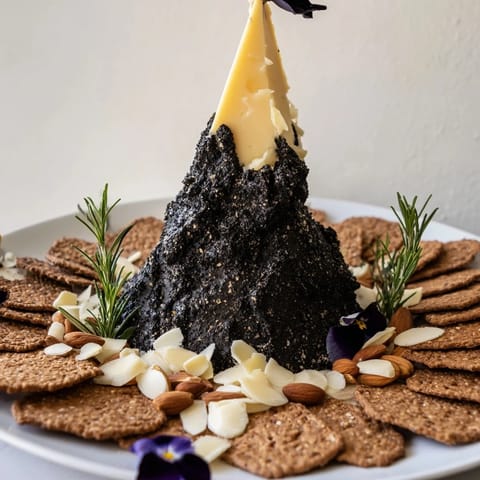 Enjoy a dramatic Obsidian Peak cheese board, featuring almonds and striking black wax cheddar cheese.