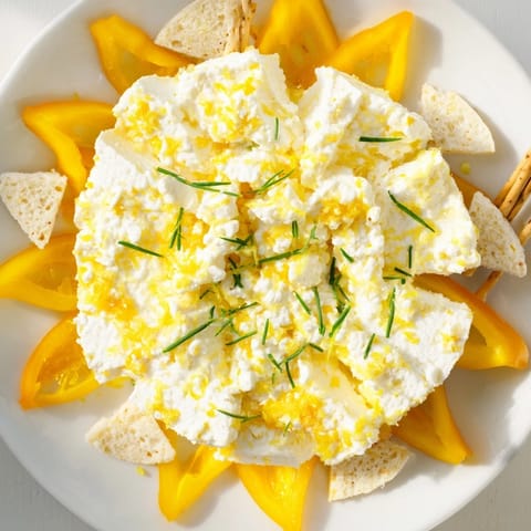 Zesty Tuscan Sunburst appetizer: A summer-vibrant presentation of goat cheese and bell peppers with breadstick dippers.