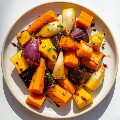 Golden roasted root vegetable medley drizzled with balsamic glaze, offering a complex, sweet-savory flavor.