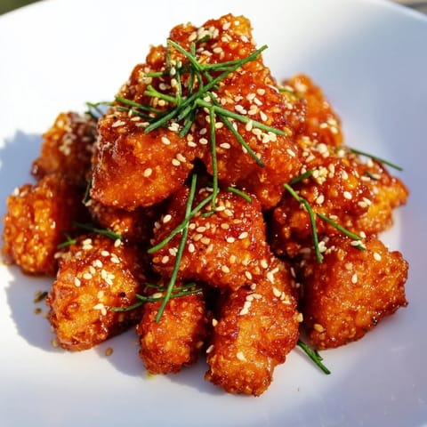 A close-up of golden brown Honey-Sriracha Chicken Bites, piled on a platter with optional fresh chives.