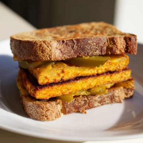 Imagine a perfectly toasted Spicy Crispy Tofu Grilled Cheese, oozing with vegan cheddar, ready to eat.