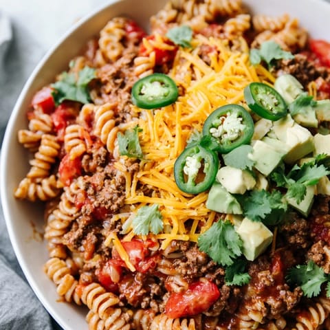 Golden, cheesy Beef Taco Pasta Skillet, with visible ground beef and vibrant tomato chunks.