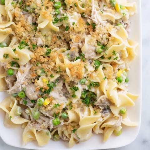 Creamy Tuna Noodle Casserole with a crispy panko topping, a comforting American classic.
