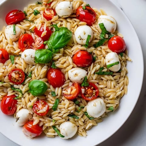 The simple elegance of Caprese Orzo Salad with a light vinaigrette, ideal for warm weather or a side.