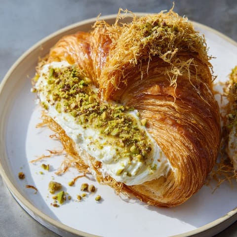 Golden-topped Pistachio Cream Croissants, with creamy filling, ideal for a sweet breakfast or dessert treat.