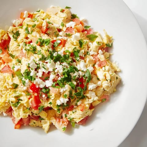 A close-up of a flavorful Turkish Menemen Scramble, perfect for dipping with warm, crusty bread.