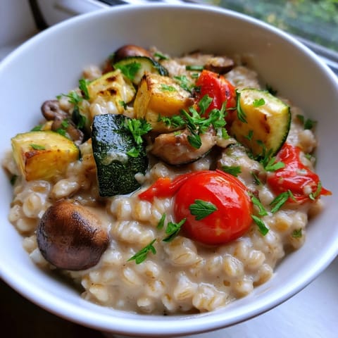 Creamy pearled barley simmered with garlic and vegetable broth, served hot with a colorful medley of roasted cremini mushrooms and fresh herbs.