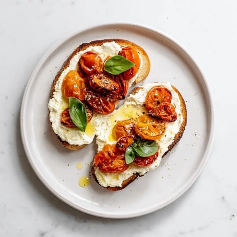 Warm, Mediterranean-inspired tomato ricotta toast on rustic bread, drizzled with olive oil and flaky sea salt.