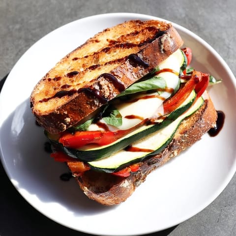 Roasted Veggie Caprese Grilled Cheese on buttery sourdough, featuring caramelized vegetables, gooey mozzarella, and ripe tomato slices for a hearty vegetarian meal.