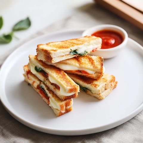 These crispy Caprese Grilled Cheese Dippers are cut into strips, with melted mozzarella and tomato peeking from golden, buttery sourdough.