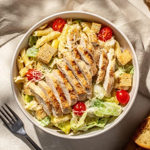A close-up of the Caesar Pasta Chicken Bowl showcases creamy dressing, garlic croutons, and fresh Parmesan shavings.  