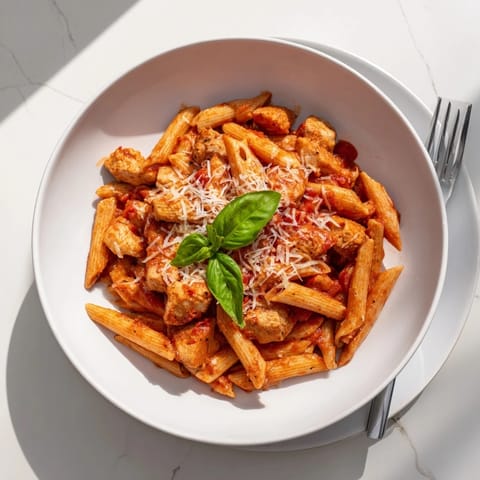 A hearty serving of Tomato Basil Chicken Pasta steaming on a white plate, ready for a quick weeknight dinner.