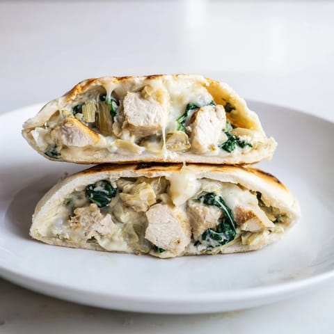 Fresh spinach and tender chicken fill this Spinach Artichoke Chicken Stuffed Pita, served with lemon wedges for a bright finish.