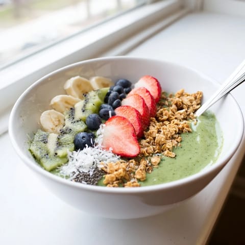 Two bowls of Green Smoothie Bowl served with fresh blueberries, banana slices, and shredded coconut for a nourishing morning meal.