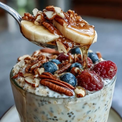 Two serving jars of Overnight Oats With Chia Seeds layered with creamy yogurt and crunchy almond toppings.  