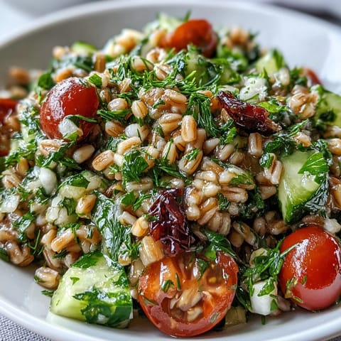 Tender pearl barley salad with crisp vegetables and a bright lemon dressing, beautifully presented.