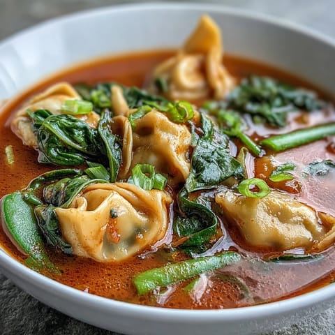 Spoons dip into a bowl of red curry wonton soup with greens, featuring snow peas and carrots.