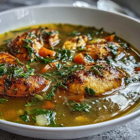 Golden ladle of High Protein Lemon and Turmeric Chicken Soup topped with fresh lemon wedges and herbs.
