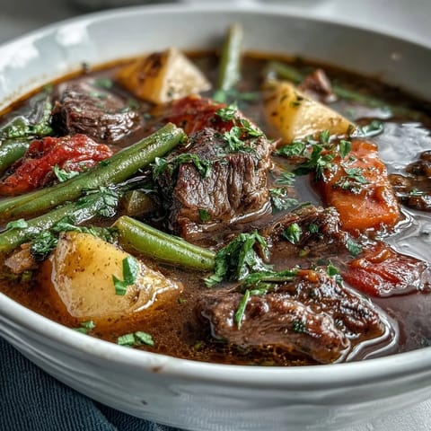 A rustic Dutch oven of beef and vegetable soup, garnished with fresh parsley and served.