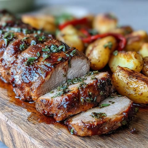 Golden roasted potatoes and caramelized red peppers frame the tender Ibérico pork fillet, ideal for a festive holiday meal.  