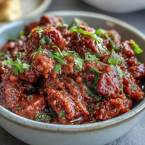 Close-up of Venison Keema Curry in a rustic skillet, revealing the thick, savory sauce with vibrant green peas and flecks of golden-brown ground venison.