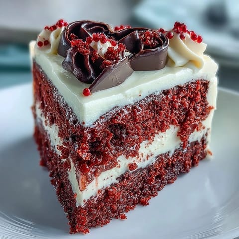 A finished Red Betty Boop Heart Cake sits on a white plate, featuring vibrant red layers and bold black Betty Boop chocolate decor.